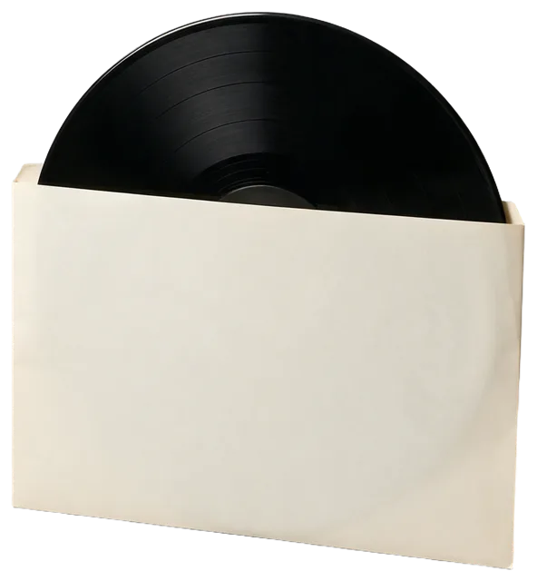 A black vinyl record sits partially pulled out of a plain cream paper sleeve