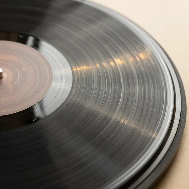 Close-up macro view of vinyl record grooves lit with soft warm golden light