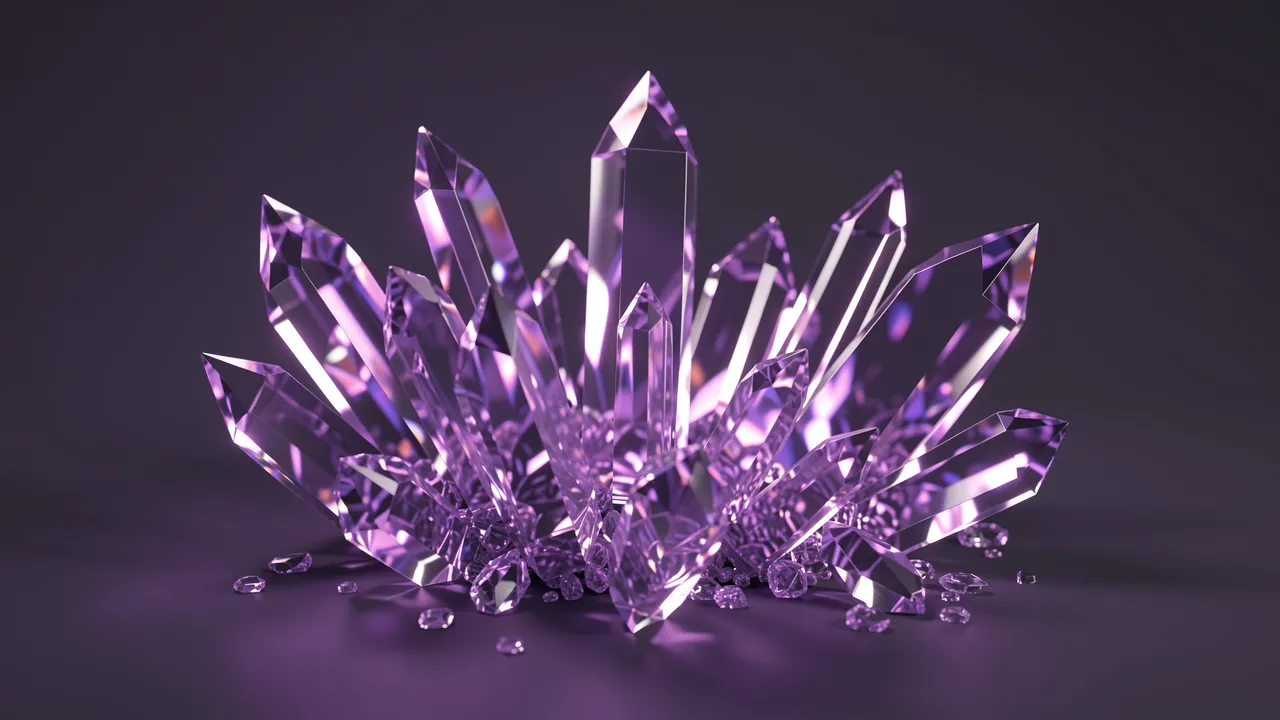 A 3D rendered cluster of faceted purple crystal shards refracting soft violet light against a dark purple background