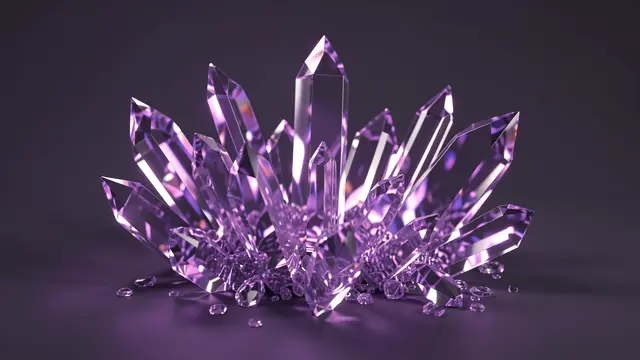 A 3D rendered cluster of faceted purple crystal shards refracting soft violet light against a dark purple background