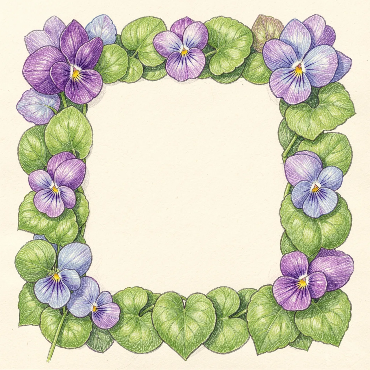 Colored pencil drawn square frame of sweet violets and heart leaves around an empty cream center