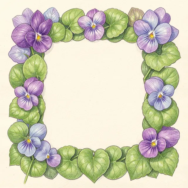 Colored pencil drawn square frame of sweet violets and heart leaves around an empty cream center