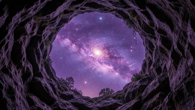 A swirling violet galaxy is visible through a round opening in a textured cave roof