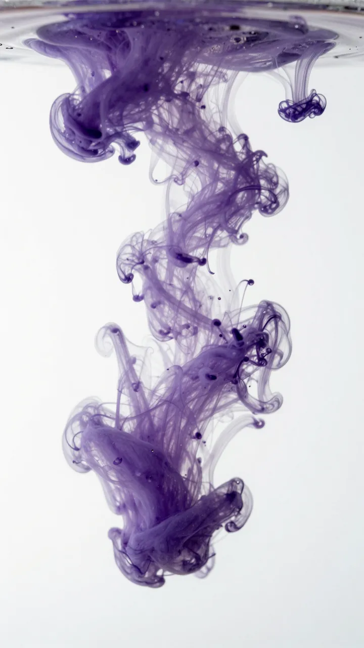 Trailing violet ink tendrils drift downward through clear water against a plain white background