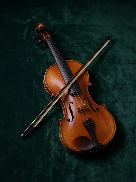 Overhead view of a wooden violin with its bow resting diagonally across the strings on dark green velvet