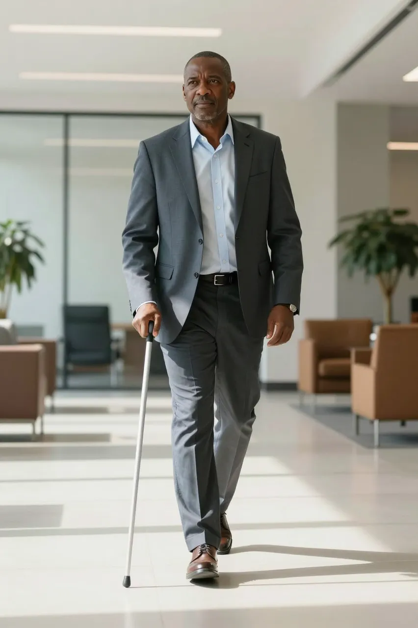 Middle aged Black man in a suit walks through a bright modern office lobby holding a white cane in morning light