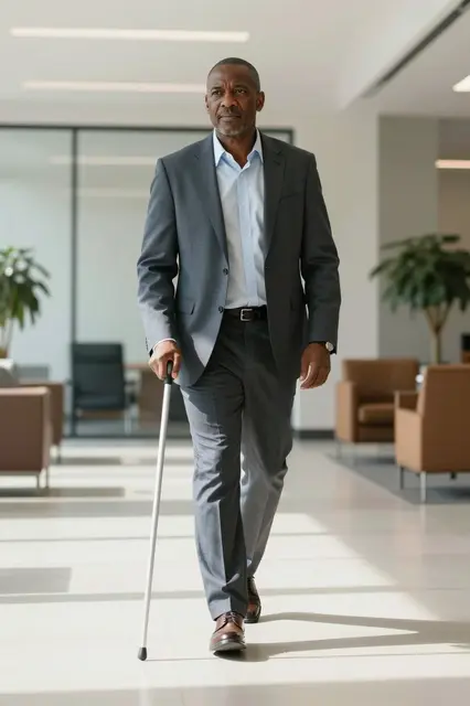 Middle aged Black man in a suit walks through a bright modern office lobby holding a white cane in morning light