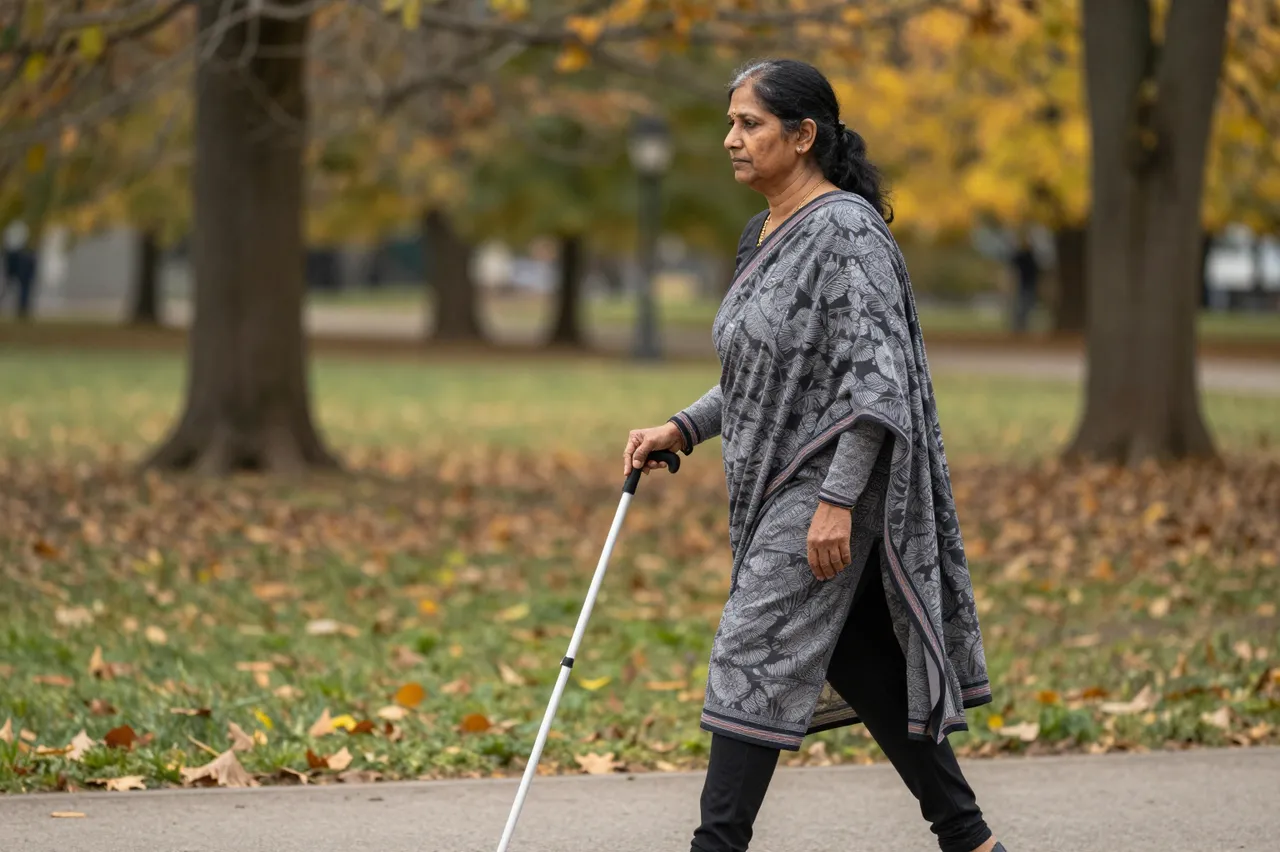 A South Asian woman in her fifties walks with a white cane along a paved autumn park path in side view.