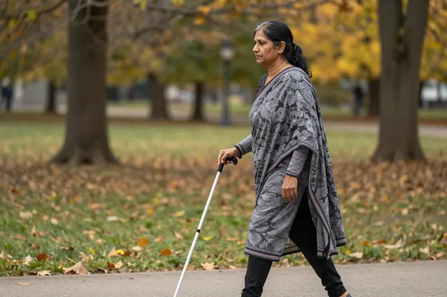 A South Asian woman in her fifties walks with a white cane along a paved autumn park path in side view.