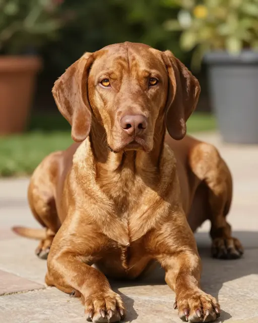 A sleek russet gold vizsla lies on a stone garden terrace looking directly at the camera in bright sunlight