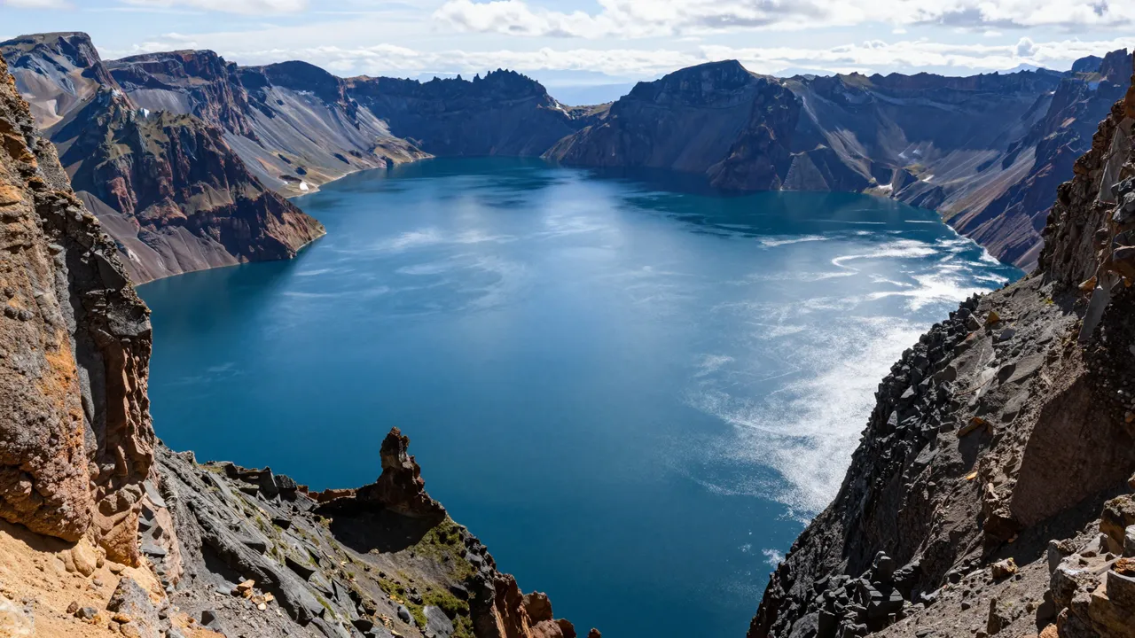 A wide deep blue lake sits inside a rocky volcanic crater rimmed with steep jagged cliffs under a partly cloudy sky