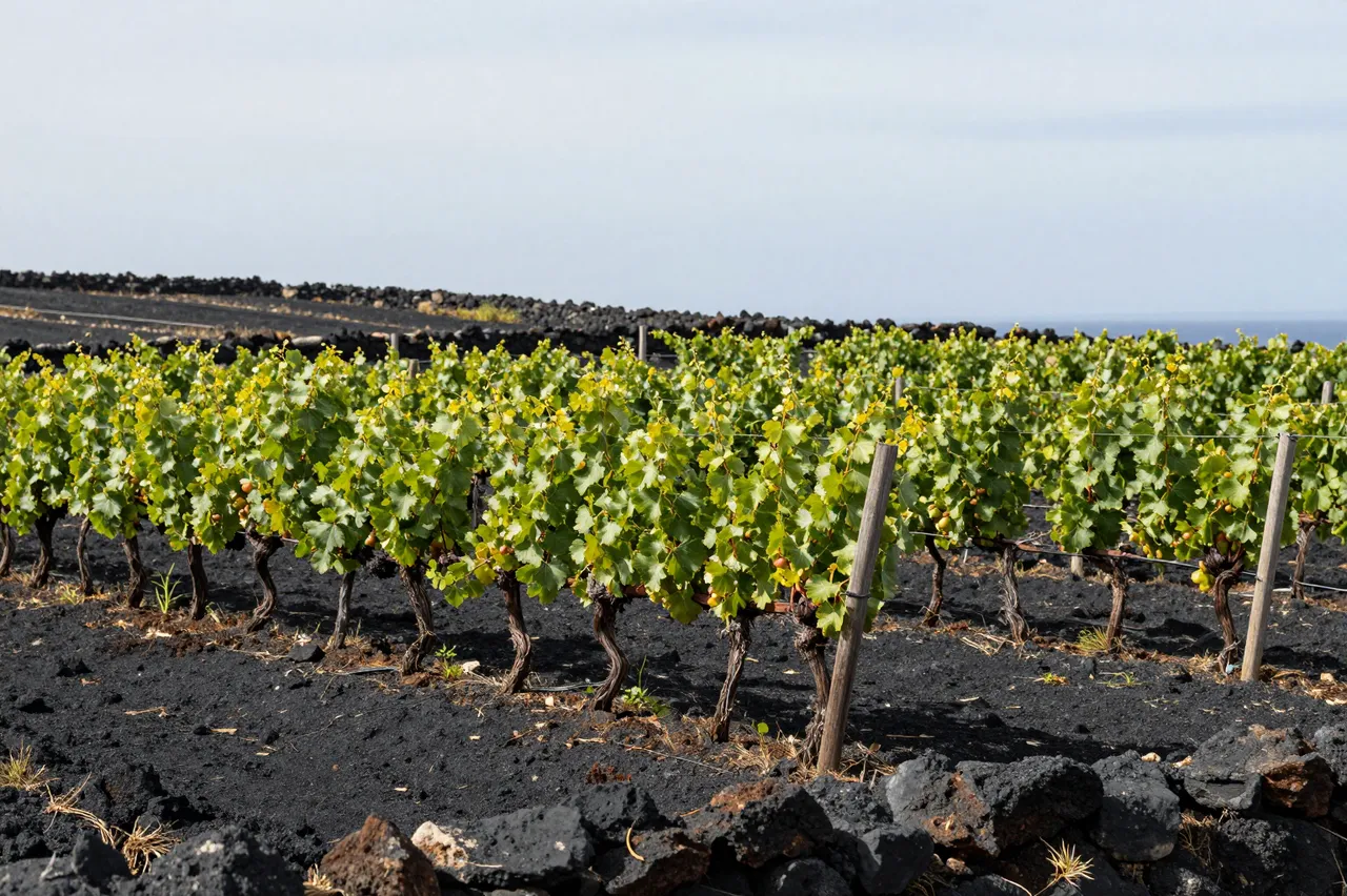 Rows of low grape vines grow in black volcanic soil beneath a hazy pale sky, with stone boundary walls