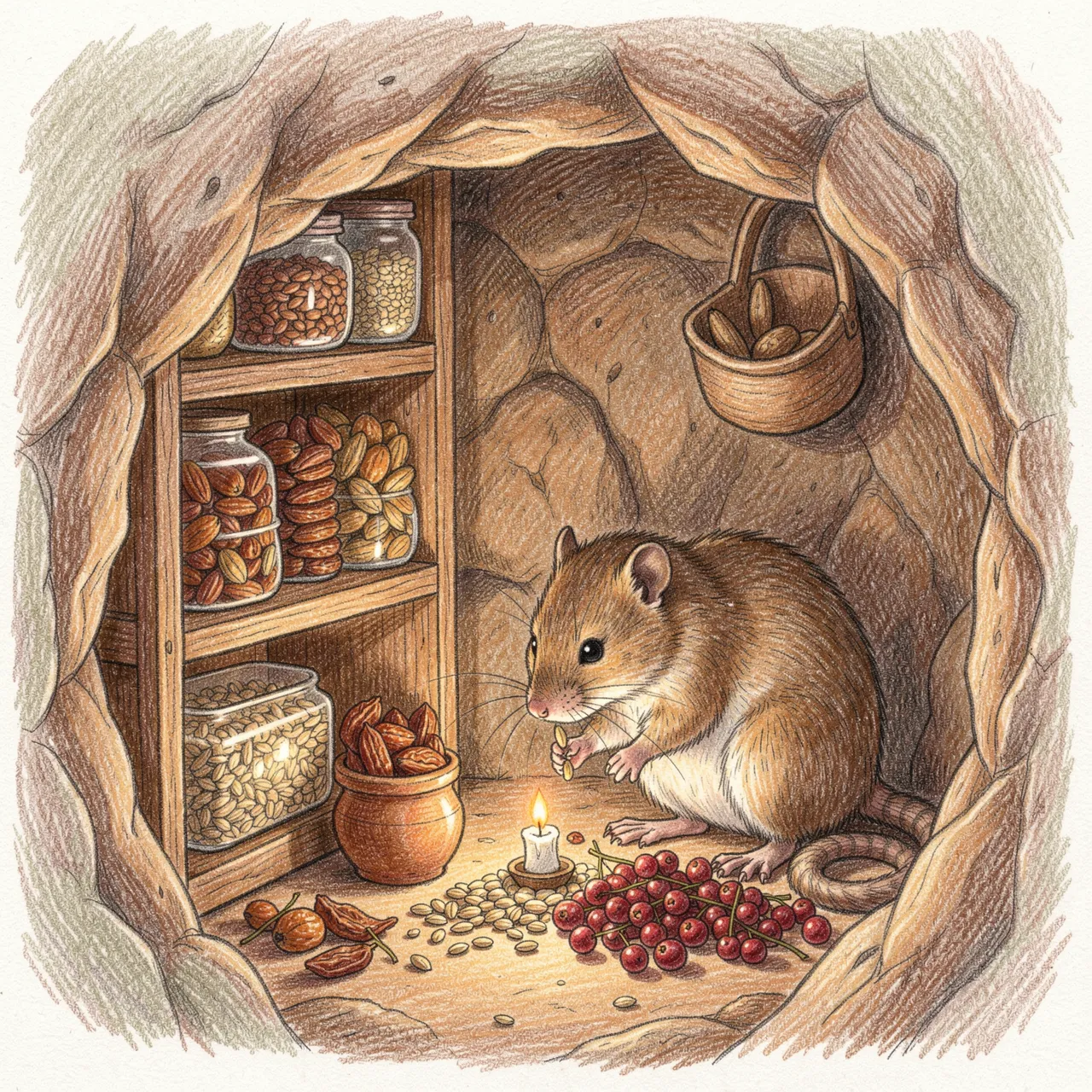 Colored pencil illustration of a small vole organizing seeds and berries by a tiny lit candle inside a burrow pantry