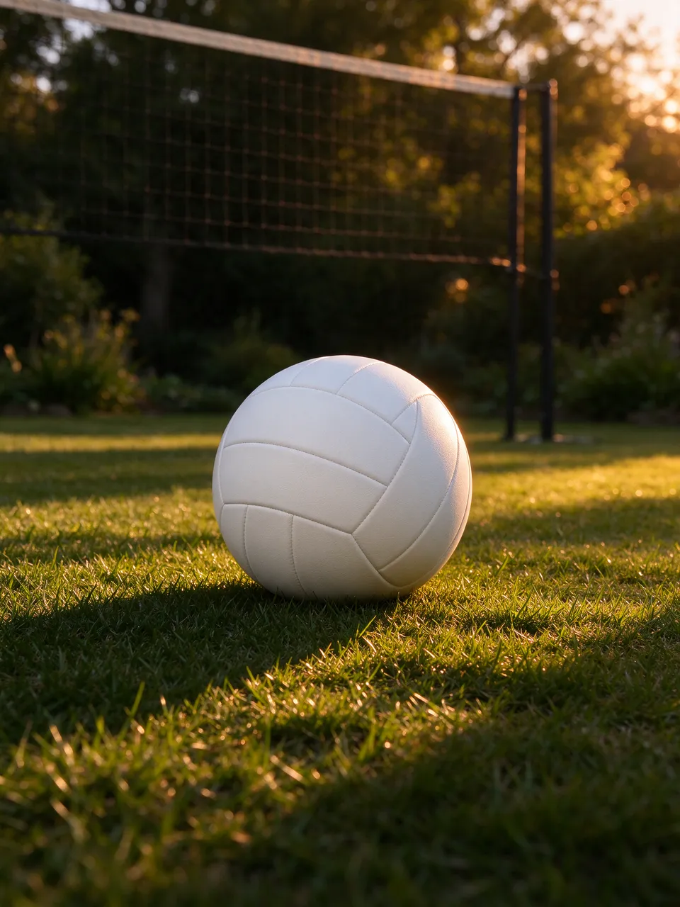 A plain white volleyball rests on green grass in front of a backyard volleyball net during warm golden hour light.