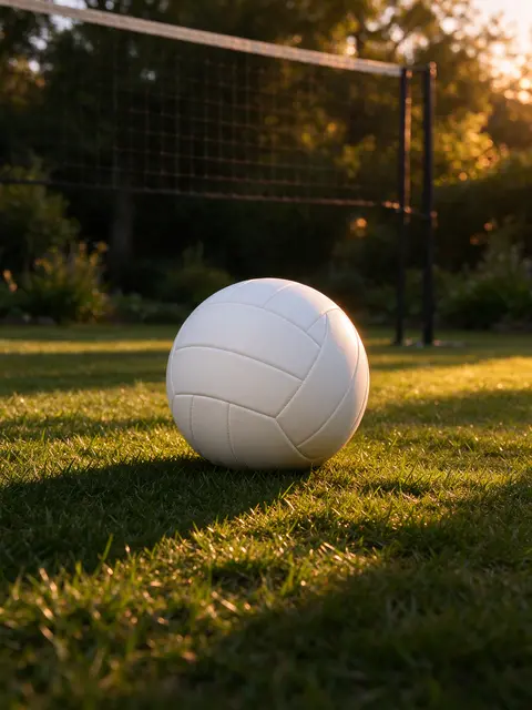 A plain white volleyball rests on green grass in front of a backyard volleyball net during warm golden hour light.
