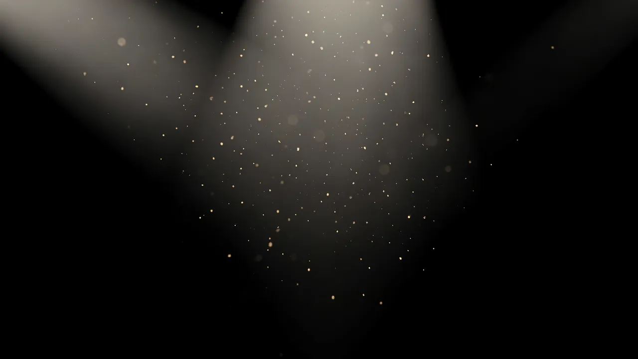 Soft warm volumetric light beams hold floating dust motes against a solid black background