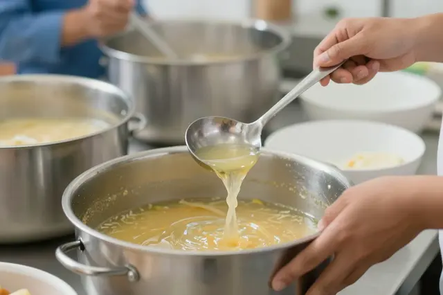Hands hold a ladle pouring broth from a large metal soup pot at a community kitchen.