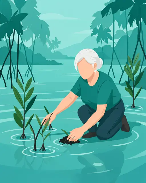 A senior woman kneels in shallow coastal water to plant mangrove seedlings