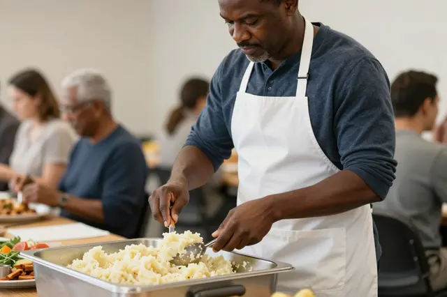A man in an apron scoops mashed potatoes during a shared community meal with other diners seated nearby