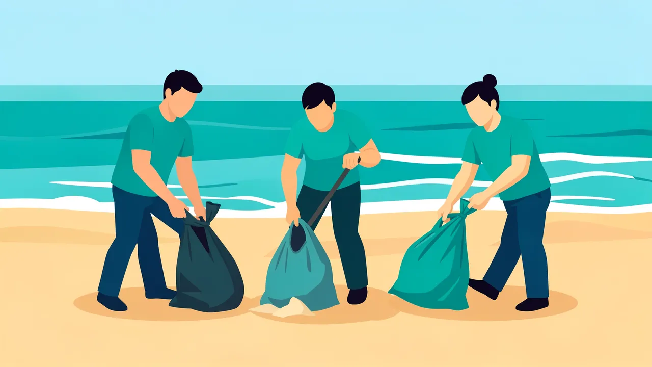 Three faceless volunteers collect litter into waste bags on a sandy beach beside turquoise ocean waves