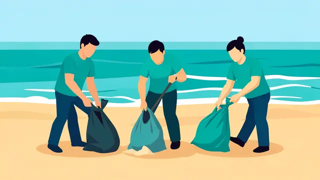 Three faceless volunteers collect litter into waste bags on a sandy beach beside turquoise ocean waves