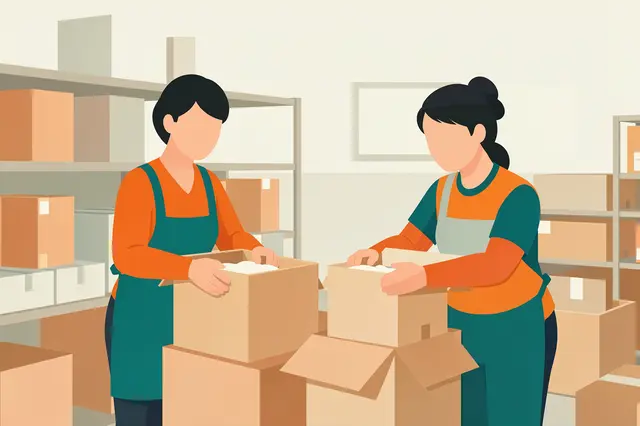 Two faceless volunteer workers pack cardboard boxes at an indoor community pantry storage space