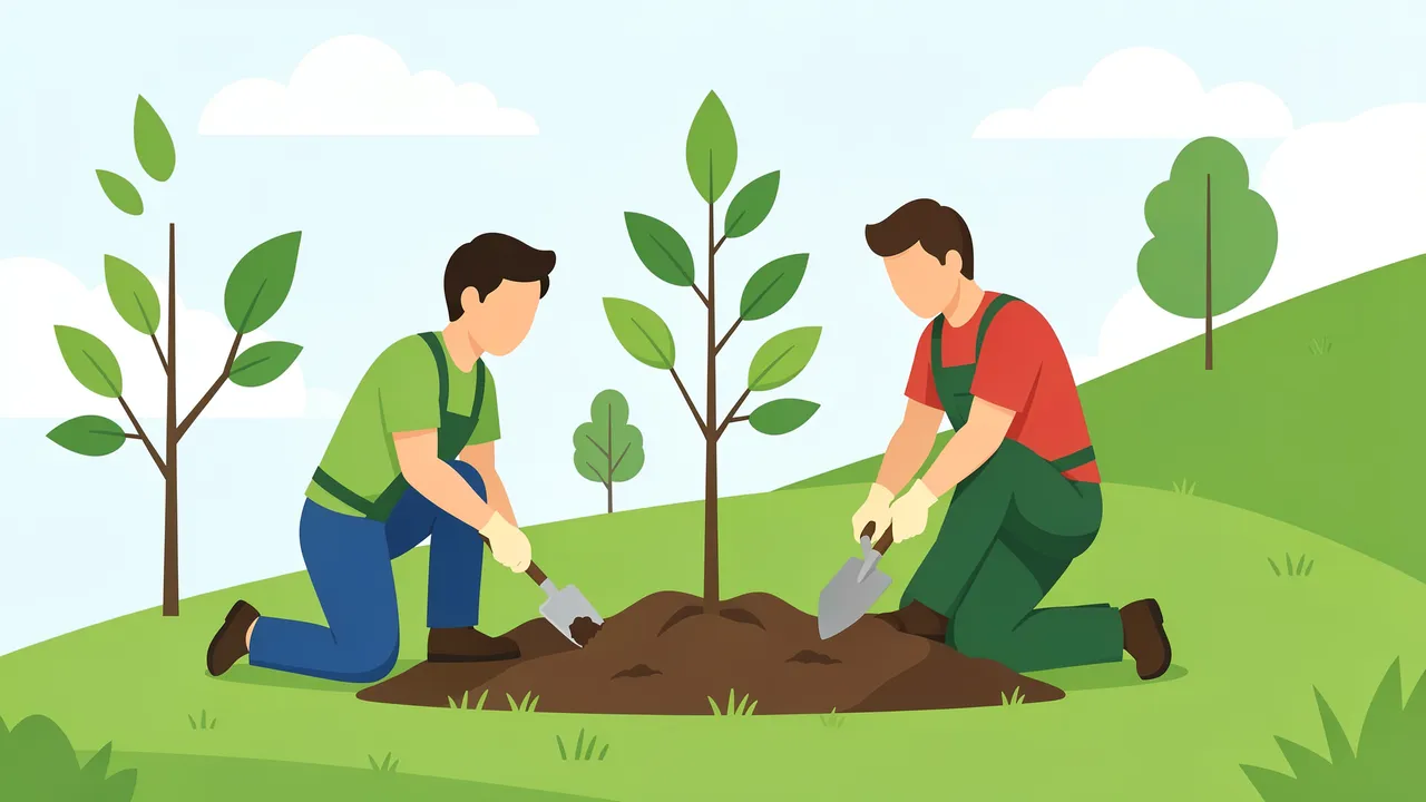 Two faceless volunteer workers kneel to plant a young tree on a green grassy hillside with small saplings in the background