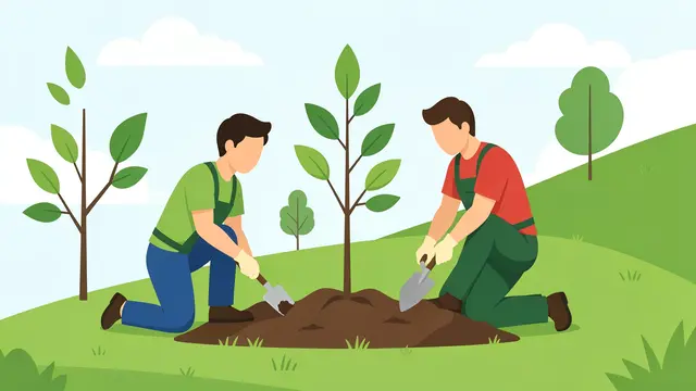 Two faceless volunteer workers kneel to plant a young tree on a green grassy hillside with small saplings in the background