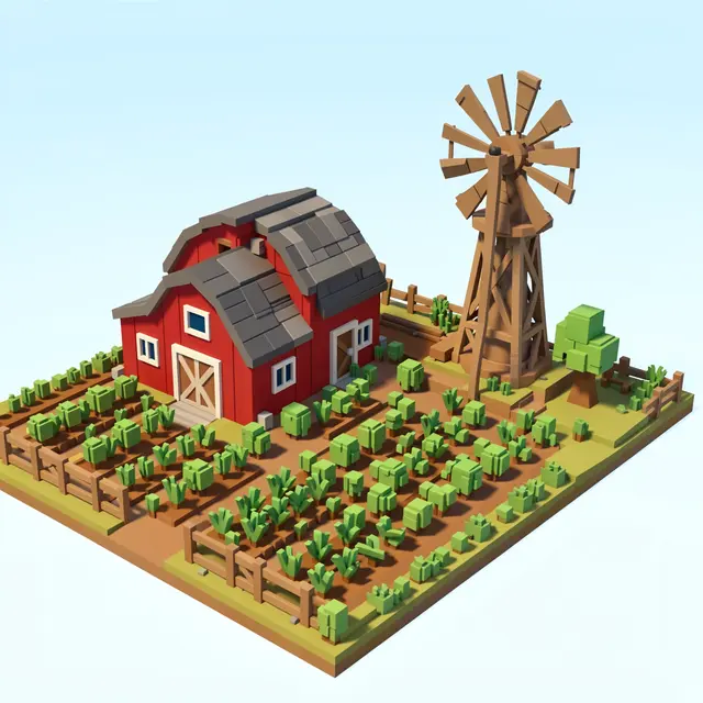 Isometric 3D voxel render of a cozy farm with a red barn, crop rows and wooden windmill