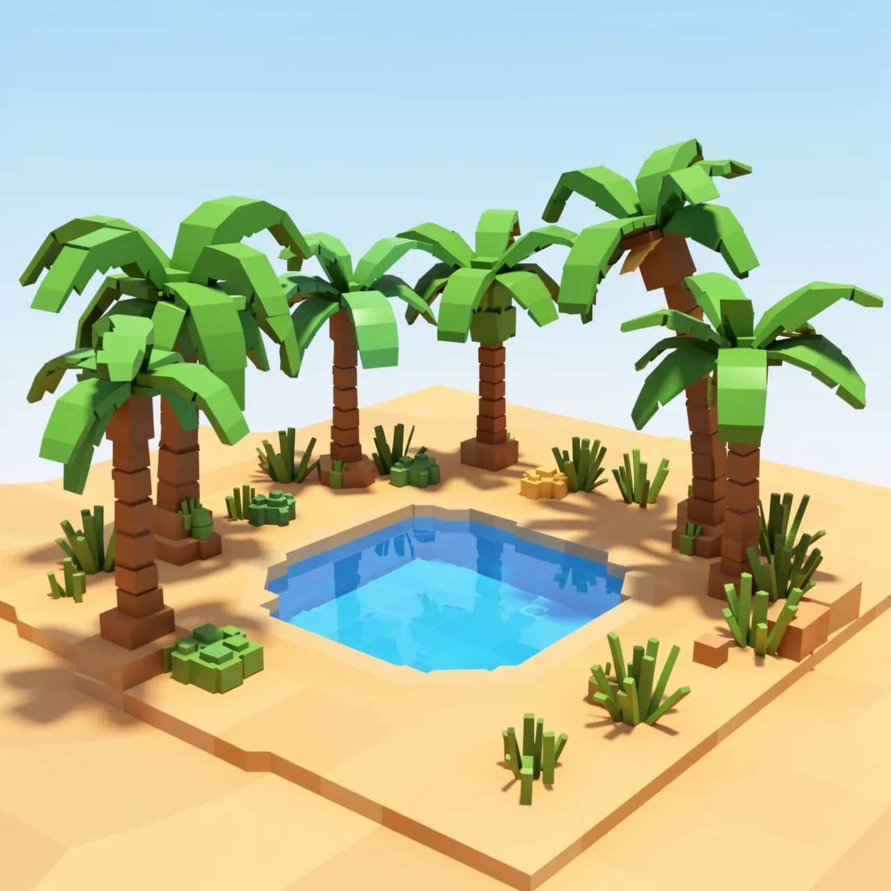 Blocky voxel 3D render of a desert oasis with palm trees surrounding a small blue water pool