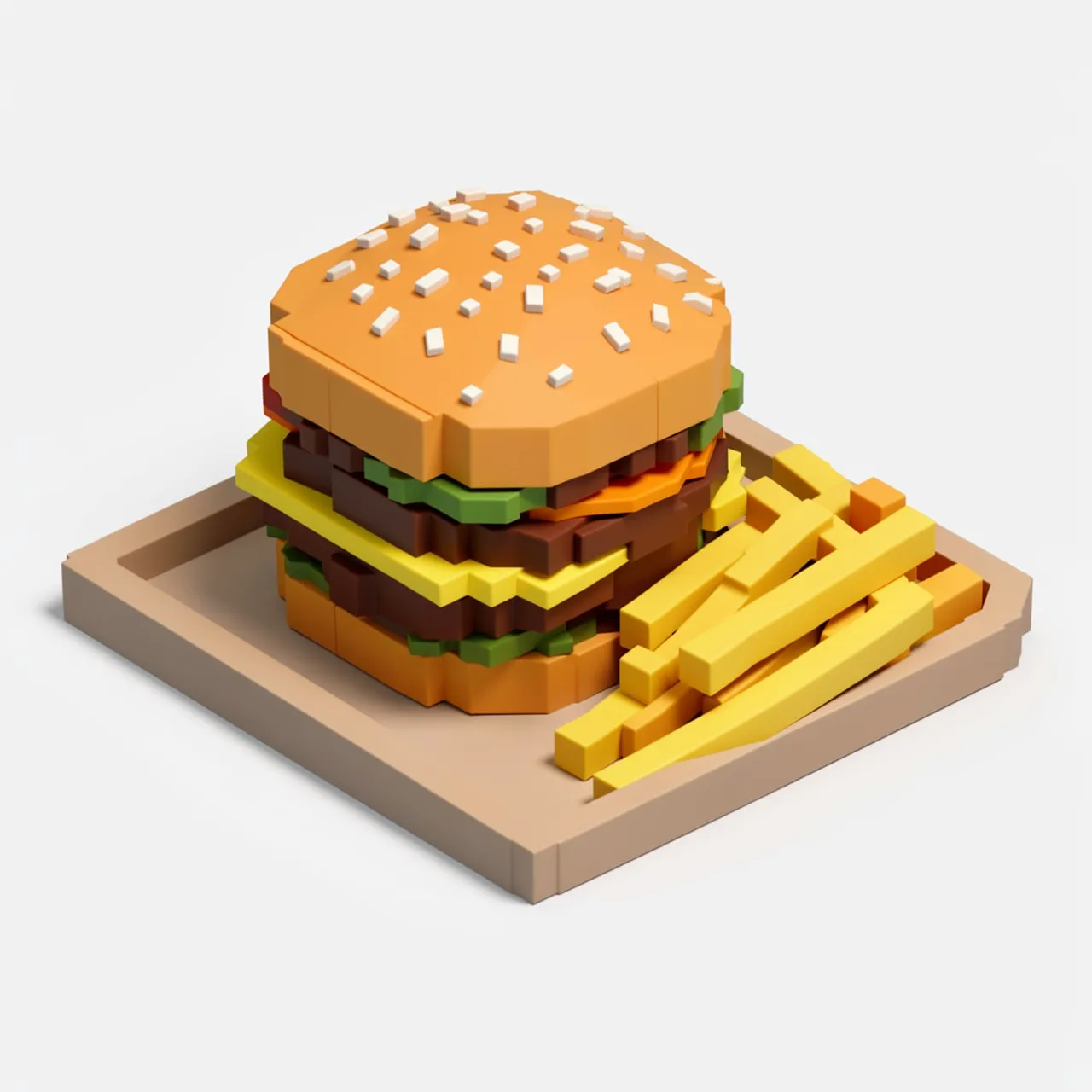 Blocky voxel art cheeseburger with sesame seed accents sits next to fries on a square tray against a plain light background