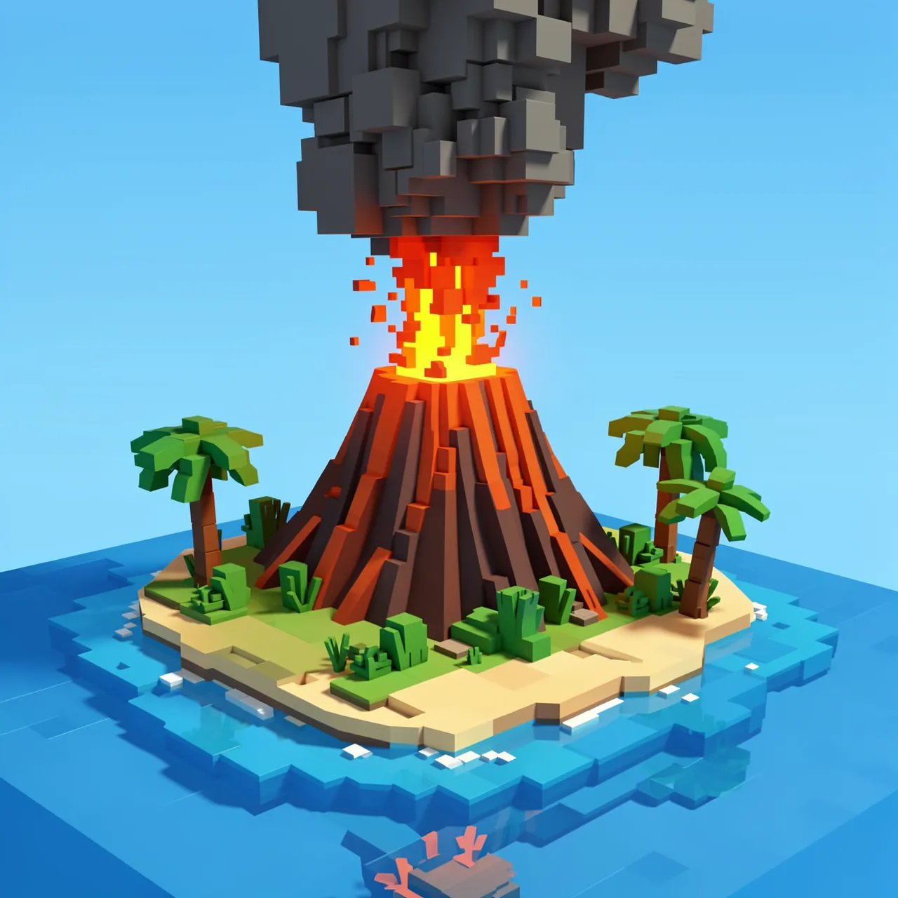 Blocky voxel art 3D render of an erupting volcano on a small tropical island surrounded by ocean