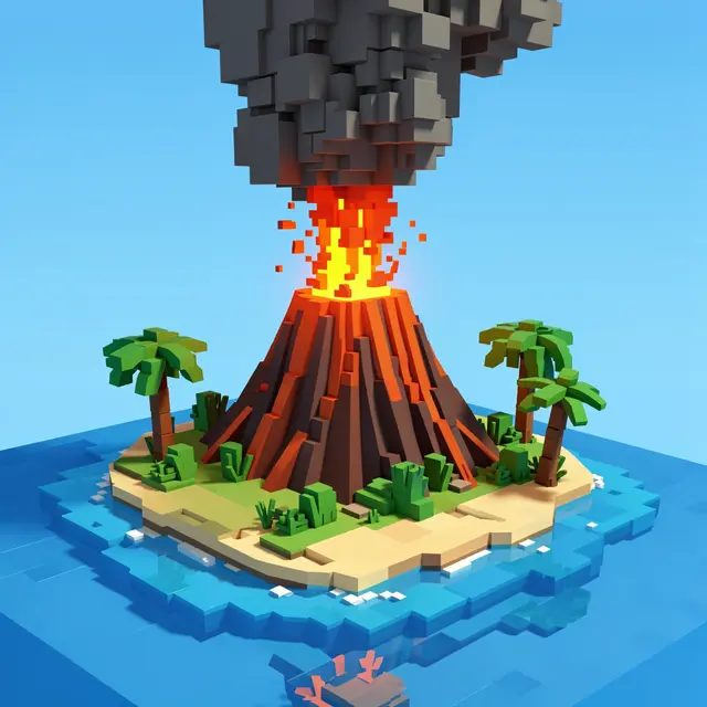 Blocky voxel art 3D render of an erupting volcano on a small tropical island surrounded by ocean