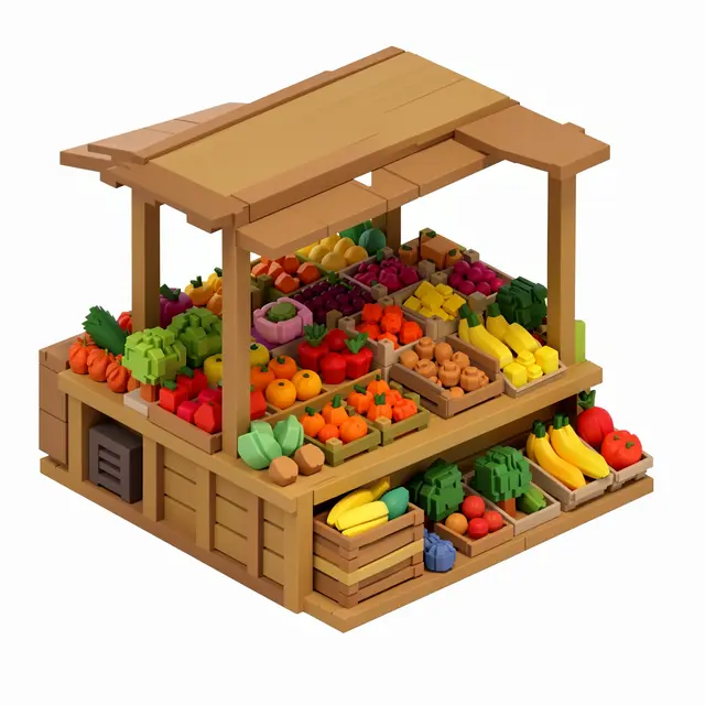 Isometric voxel art 3D render of a wooden farmers market stall piled with colorful fruit and vegetables on a plain white