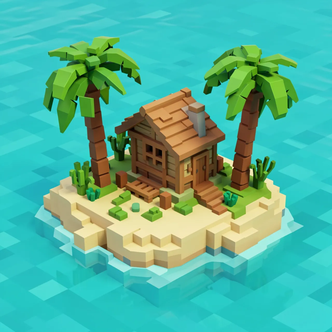 Blocky voxel art 3D render of a tiny tropical island with a wooden cabin, palm trees, and surrounding turquoise sea