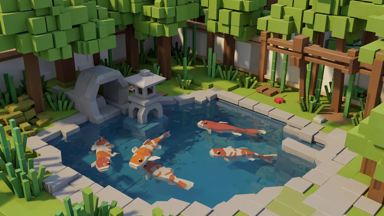 Blocky voxel art 3D render of a Japanese garden with koi pond, stone lantern and pixelated greenery