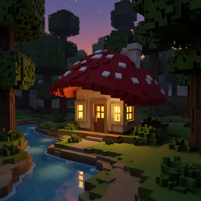 A voxel art mushroom cottage with glowing windows sits beside a forest stream at twilight