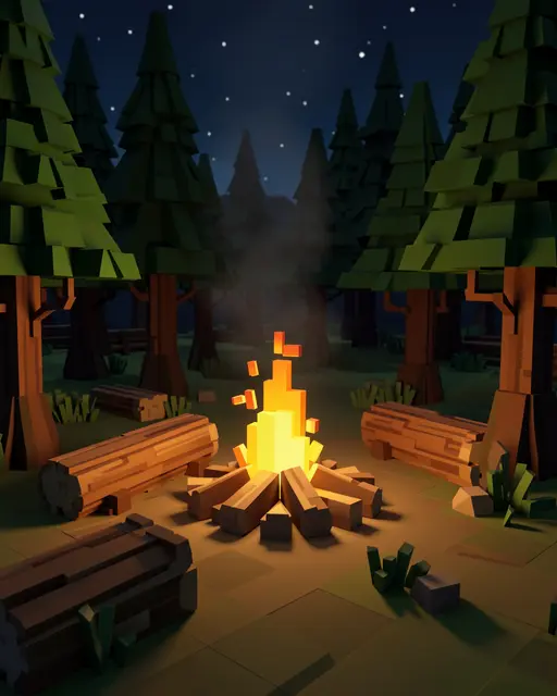 Low poly voxel art campfire glows in a starry pine forest clearing at night