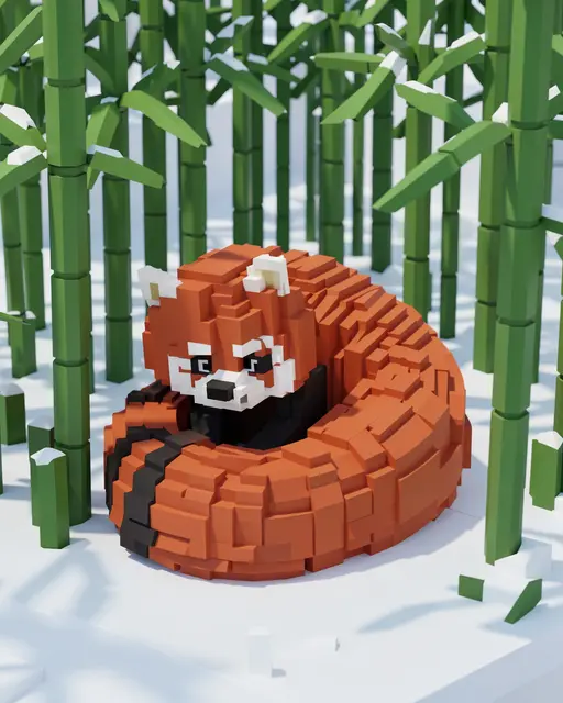 Blocky voxel art red panda curled up on snow in a bamboo grove
