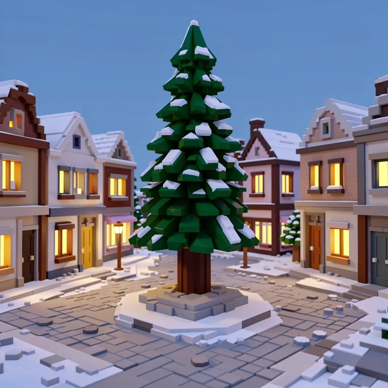 Blocky voxel art 3D render of a snowy town square with a central pine tree and glowing building windows at dusk