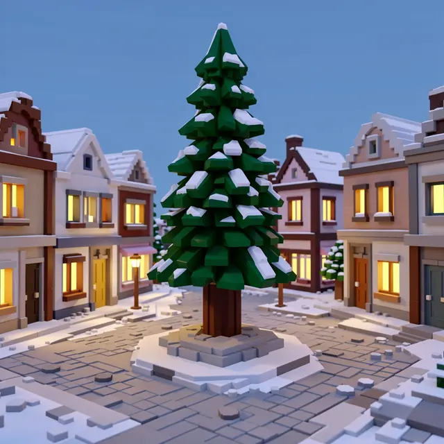 Blocky voxel art 3D render of a snowy town square with a central pine tree and glowing building windows at dusk