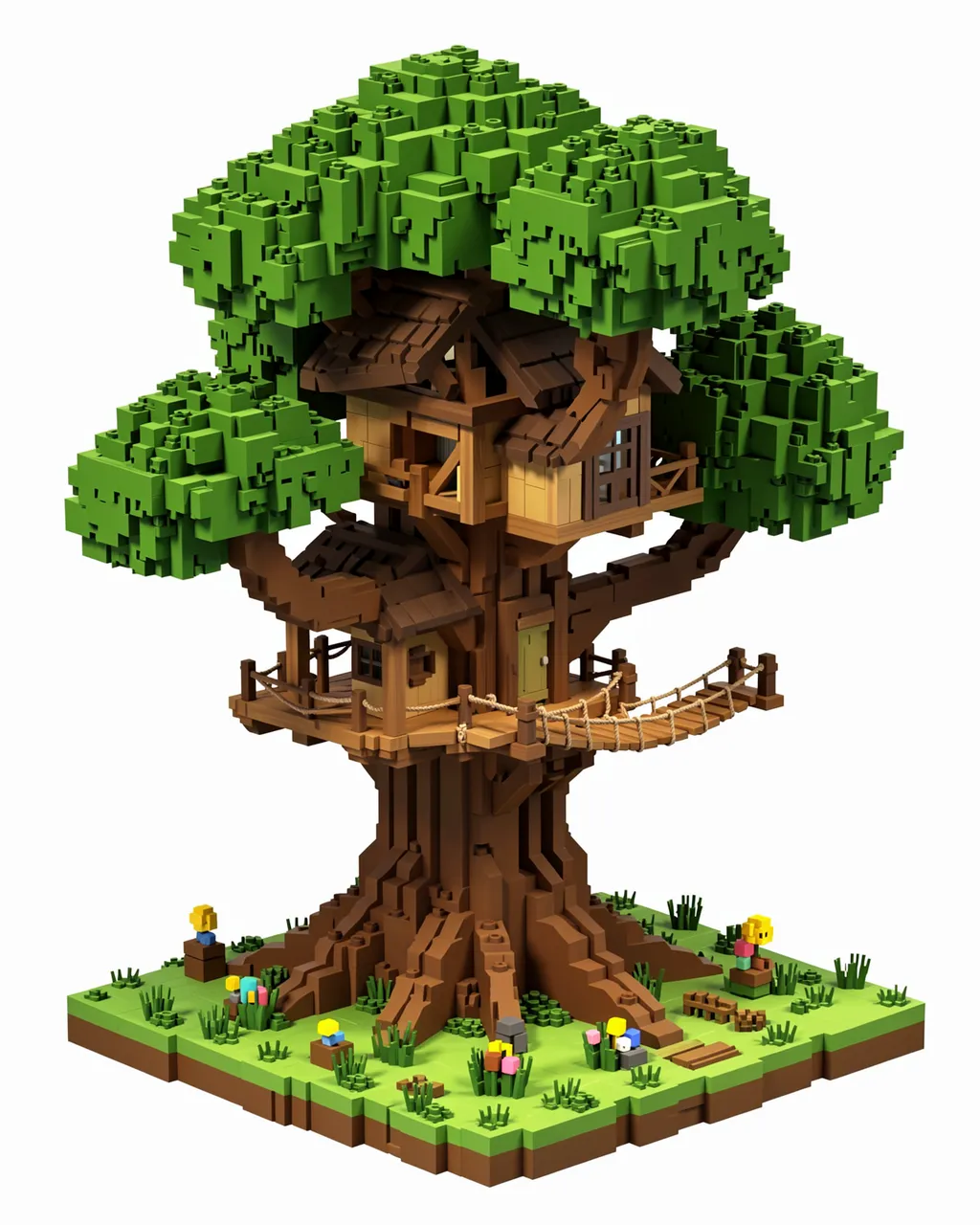 Blocky voxel art 3D render of a treehouse built into a giant oak with a rope bridge on grassy ground