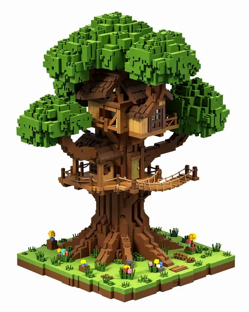 Blocky voxel art 3D render of a treehouse built into a giant oak with a rope bridge on grassy ground