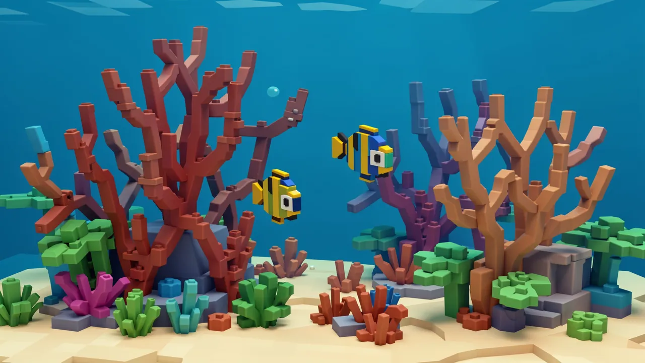 Blocky voxel art underwater reef with branching coral and two pixelated tropical fish above a sandy seabed