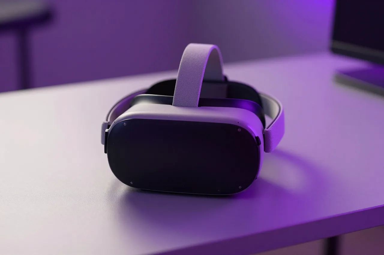 An unbranded virtual reality headset rests on a light table bathed in neon purple light