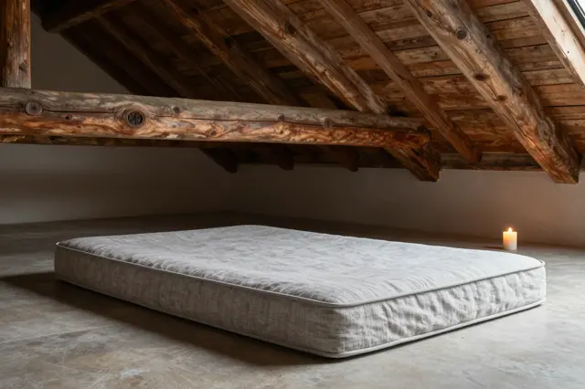 A stone-gray linen floor mattress sits under aged timber attic beams next to a lit candle