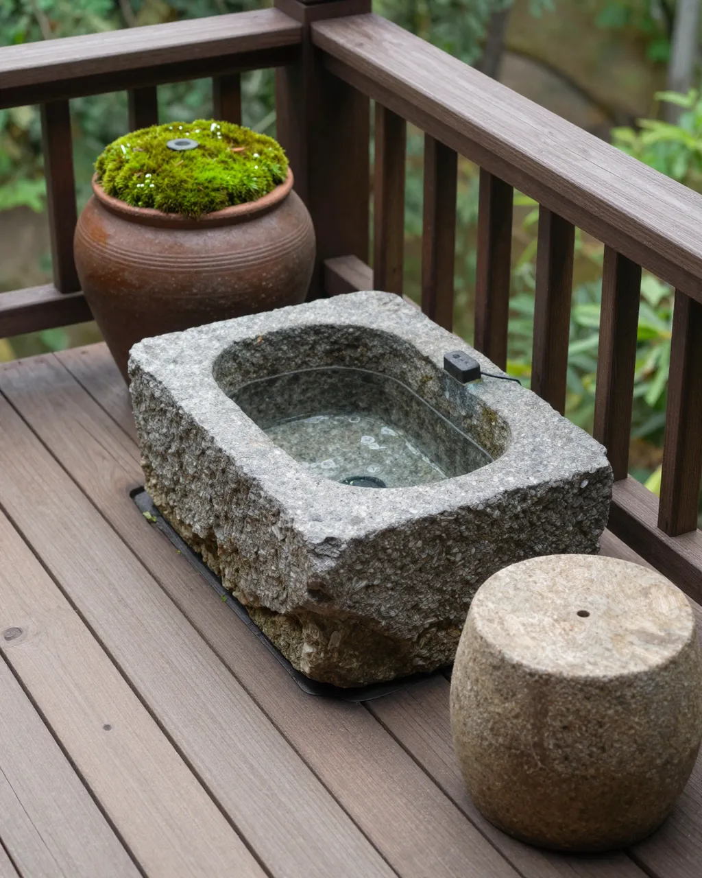 Weathered teak balcony corner with a stone water basin, mossy clay pot, and low stone stool