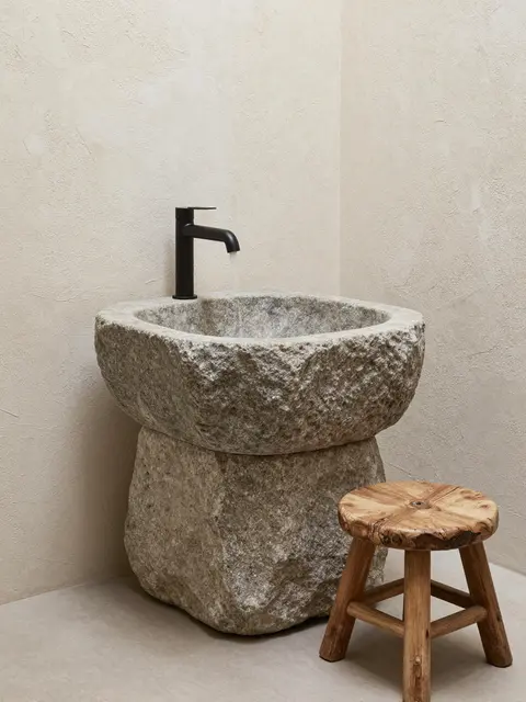 Hand carved stone basin sits next to a weathered wooden stool in a textured plaster bathroom corner