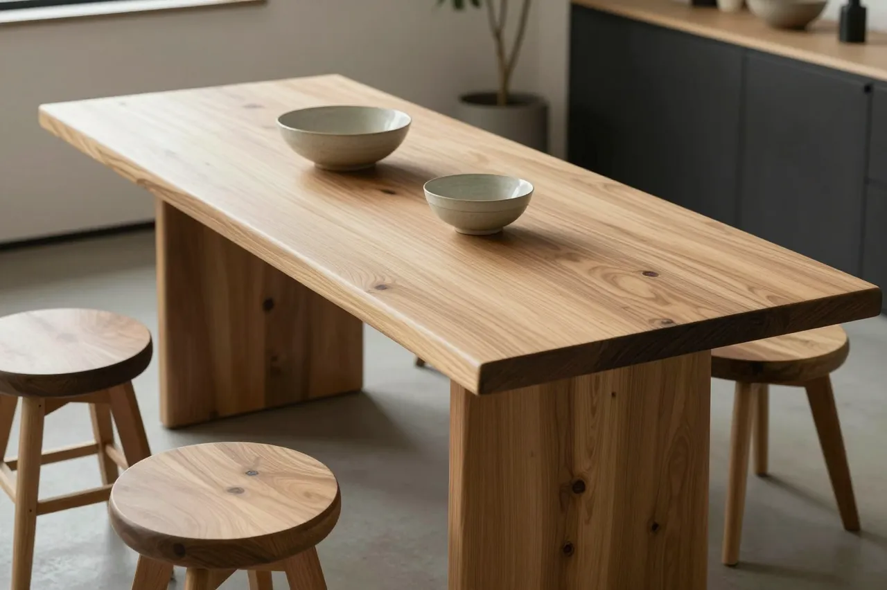 A solid wood slab dining table with handmade ceramic bowls and mismatched stools in soft natural side light