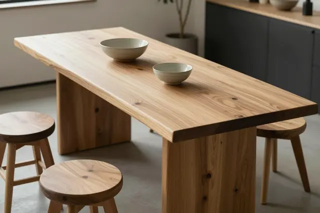 A solid wood slab dining table with handmade ceramic bowls and mismatched stools in soft natural side light